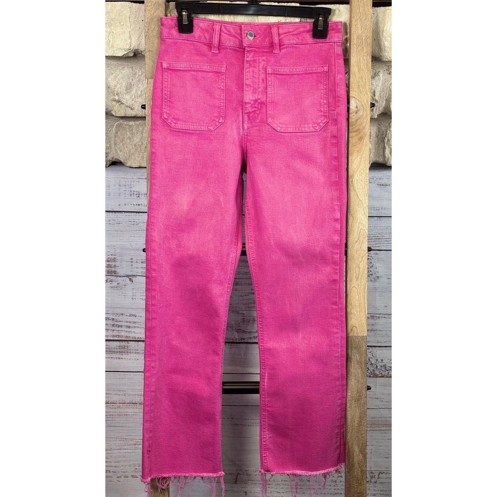 Zara Hot Pink Straight Leg Frayed Hem Jeans Front Patch Pockets Size 2